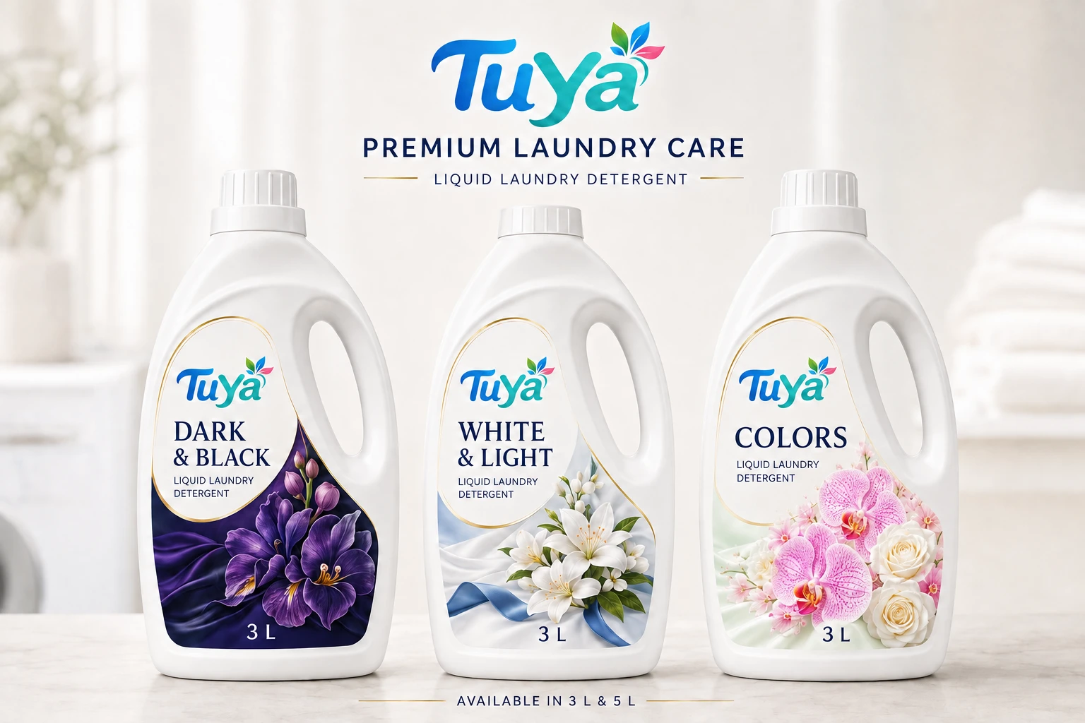 TuYa liquid laundry detergent — Dark & Black, White & Light and Colors — 3 L and 5 L